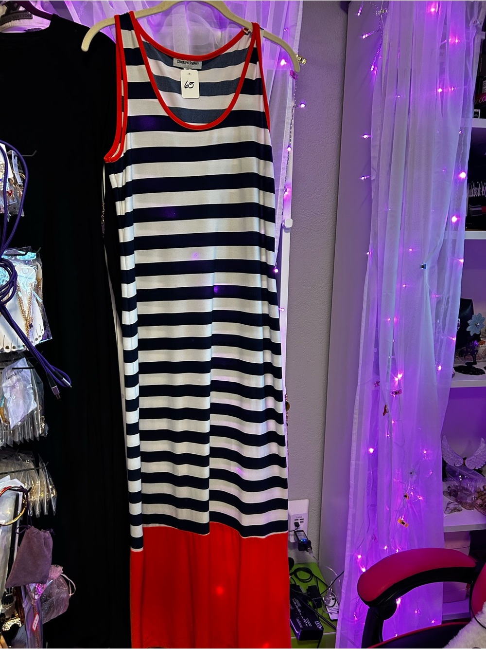 Shelby & Palmer Navy and White Striped Maxi Dress with Red Trim